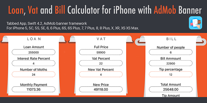 Loan, Vat and Bill Calculator for iPhone with AdMob Banner
