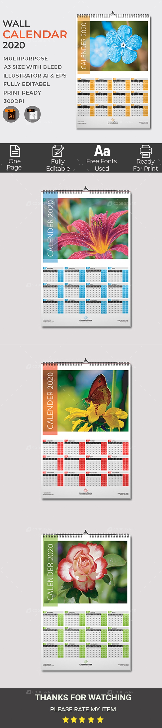 1 Page Wall Calendar 2020