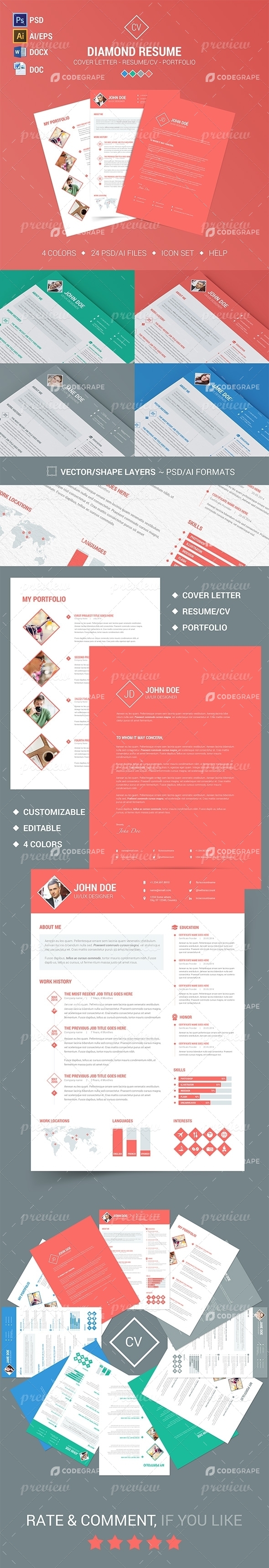Diamond Resume/CV | 3 Piece | 4 Color | Cover Letter - Resume - Portfolio