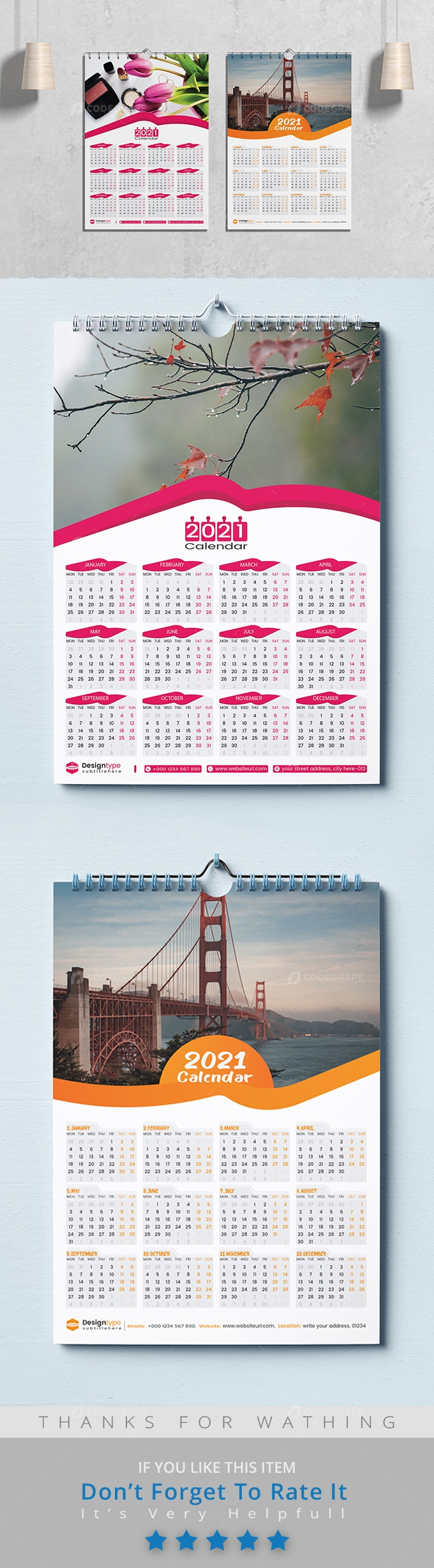Two Style One Page Wall Calendar Template 2021