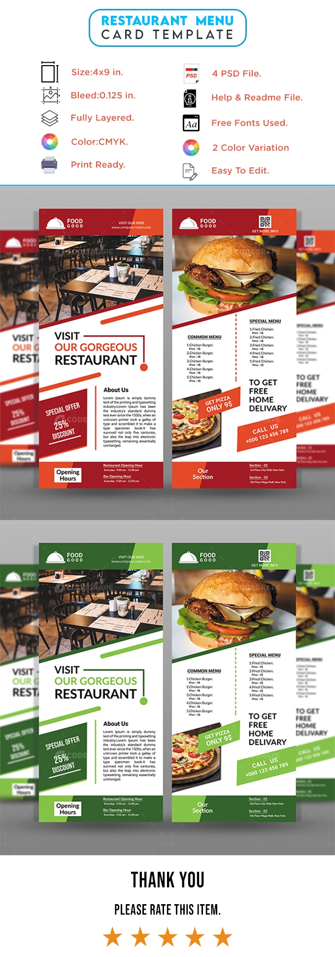 Restaurant Food List Rack Card