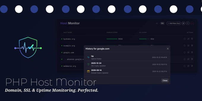PHP Host Monitor - Domain, SSL & Uptime Tracker with Telegram Alerts