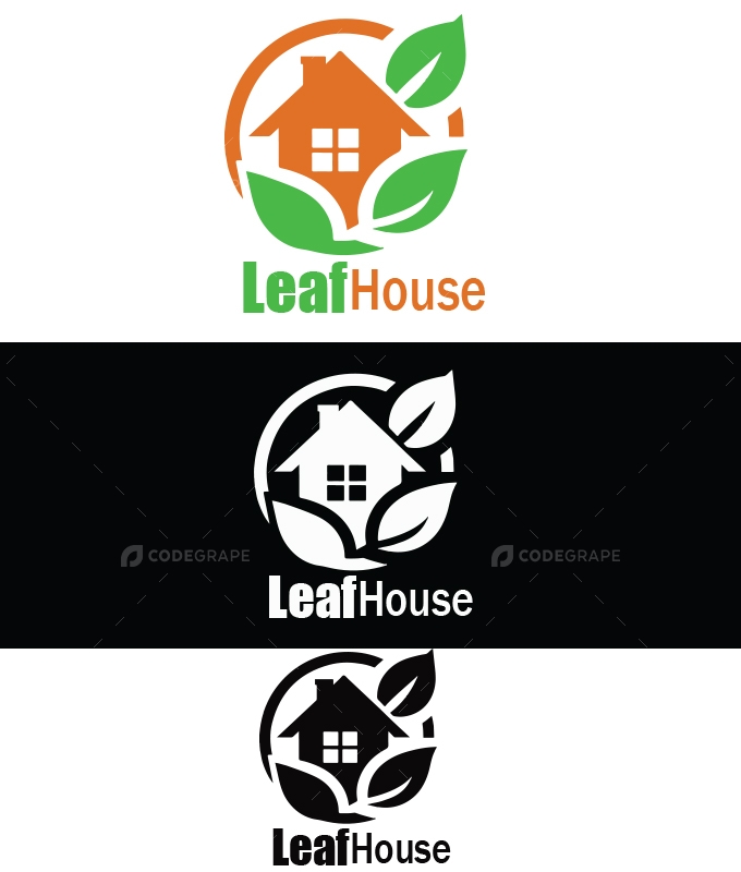 Vibrant Eco Home Logo – Orange House & Green Leaf Real Estate Design