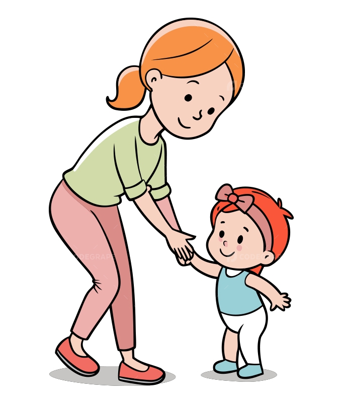 Mother Helping Toddler Walk Illustration