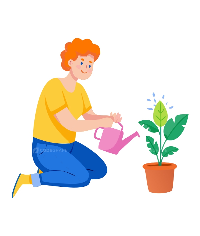 Young Woman Watering a Potted Plant Illustration