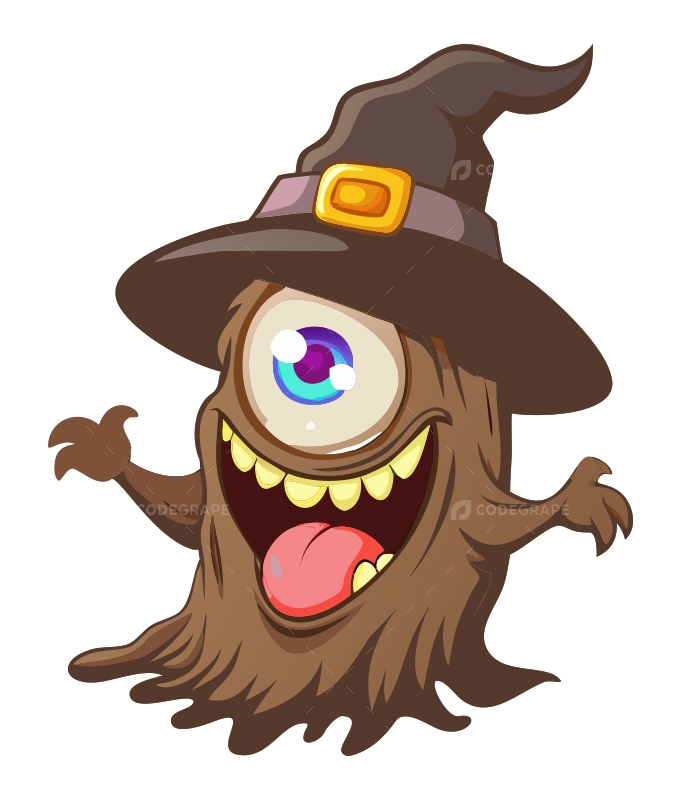 Whimsical Cyclops Tree Monster in a Witch Hat