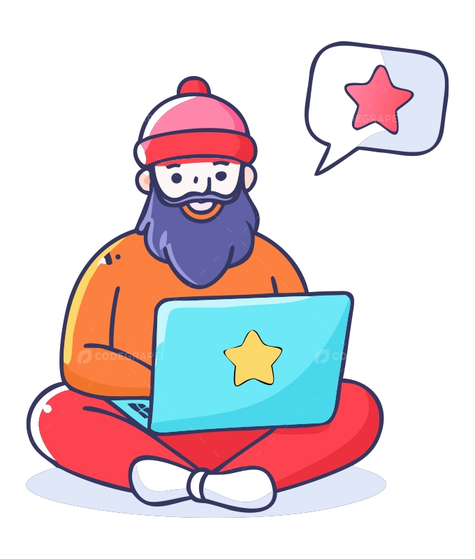 Bearded Freelancer Character Working on Laptop with Star Rating