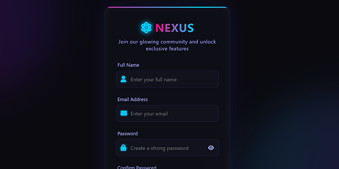 Nexus Glow: Modern Dark Mode Registration and Login Form