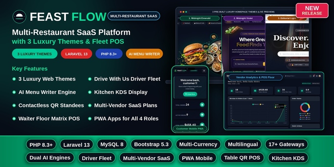 FeastFlow - Multi-Restaurant Food Ordering SaaS with QR menu, POS, KDS & driver