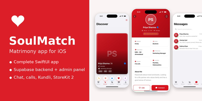 SoulMatch – iOS Matrimony App (SwiftUI) + Supabase Backend + Admin Panel