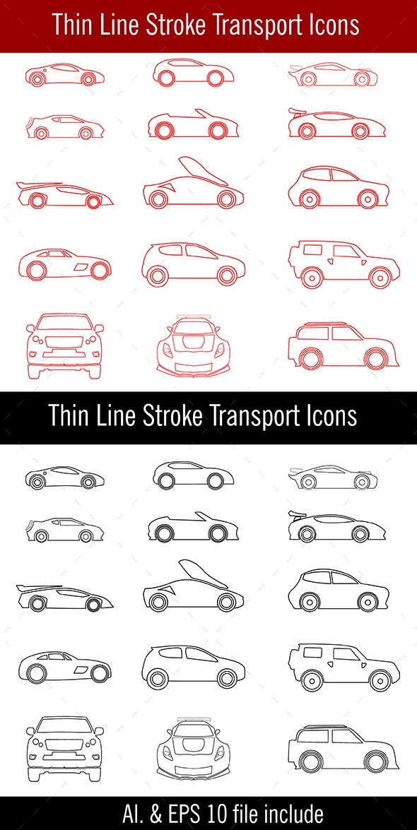 15 Thin Line Stroke Cars Icons